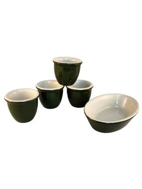 Vintage Hall Pottery Cups & Oval Dish Set Olive Green White USA Made